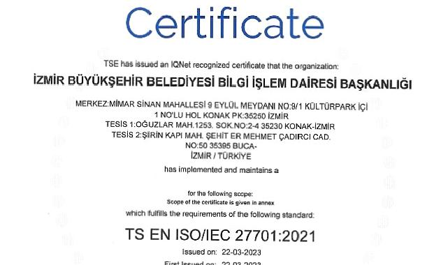 İzmir Büyükşehir Belediyesi ISO 27701 standardına sahip ilk "Büyükşehir" oldu